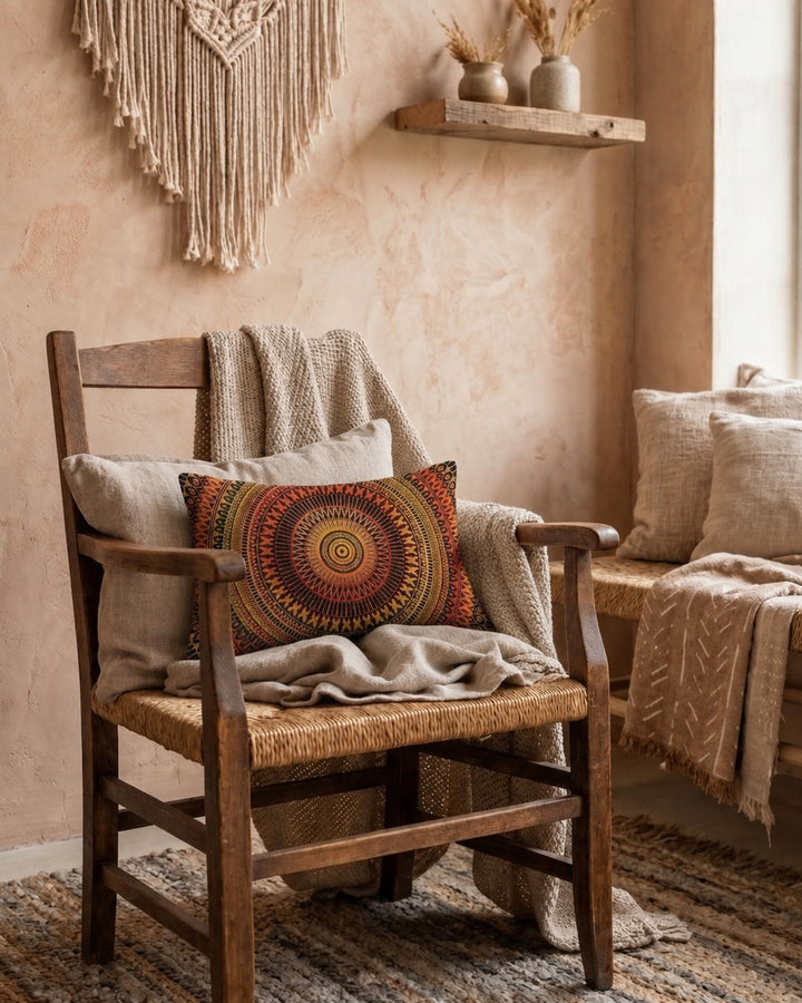 Boho mandala pillow cover in warm orange and earthy tones styled on a rustic wooden chair in a cozy boho interior with macrame wall decor, woven textures and soft natural light