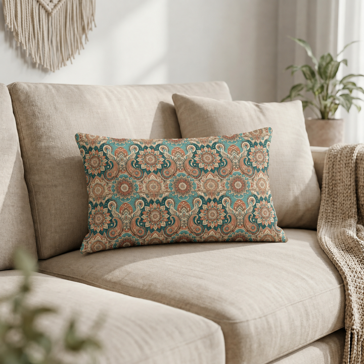 Bohemian lumbar cushion cover in turquoise and terracotta with mandala and paisley pattern on beige sofa in warm neutral interior