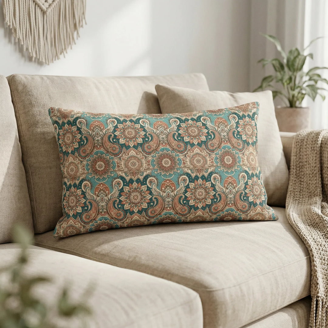 Bohemian lumbar cushion cover in turquoise and terracotta with mandala and paisley pattern on beige sofa in warm neutral interior