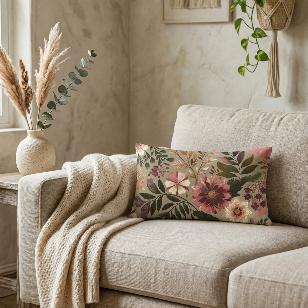 Bohemian lumbar cushion cover with floral pattern in soft pink, green and beige tones on neutral sofa in warm cozy interior