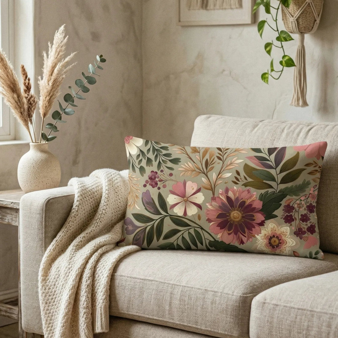 Bohemian lumbar cushion cover with floral pattern in soft pink, green and beige tones on neutral sofa in warm cozy interior