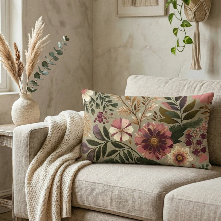 Bohemian lumbar cushion cover with floral pattern in soft pink, green and beige tones on neutral sofa in warm cozy interior