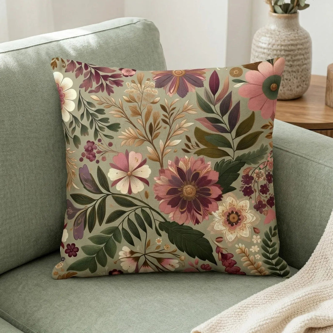 Bohemian square cushion cover with floral pattern in soft pink, green and beige tones on sage green sofa in warm natural interior