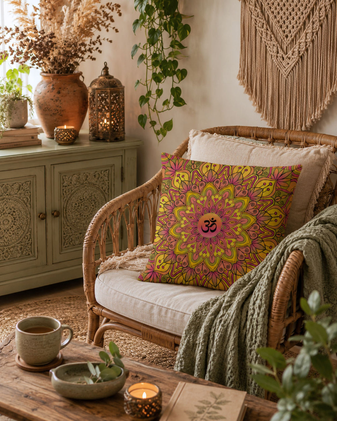 A vibrant om mandala pillow on a rattan chair in a cozy boho living room with macramé wall hanging, Moroccan lantern, dried flowers and warm candlelight.