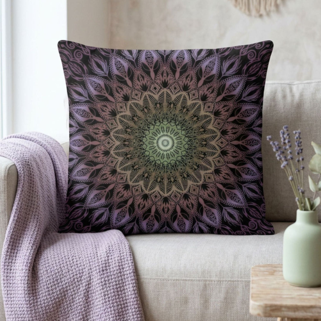 Boho square pillow cover with lavender and soft green mandala design styled on a beige sofa in a calm neutral interior