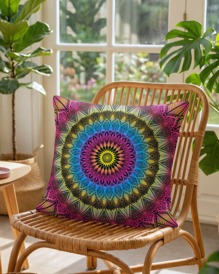 Bohemian mandala pillow cover with colorful rainbow mandala pattern on a rattan chair, styled in a bright boho living room with indoor plants, natural textures and peaceful spiritual home decor.