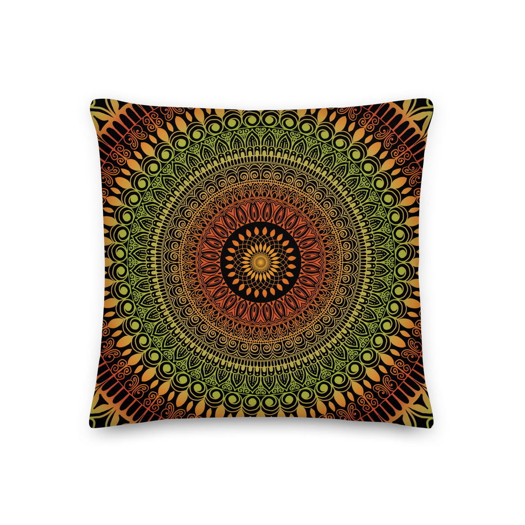 Terracotta and green mandala cushion cover with henna style pattern on black premium linen look fabric.