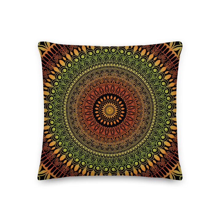 Terracotta and green mandala cushion cover with henna style pattern on black premium linen look fabric.