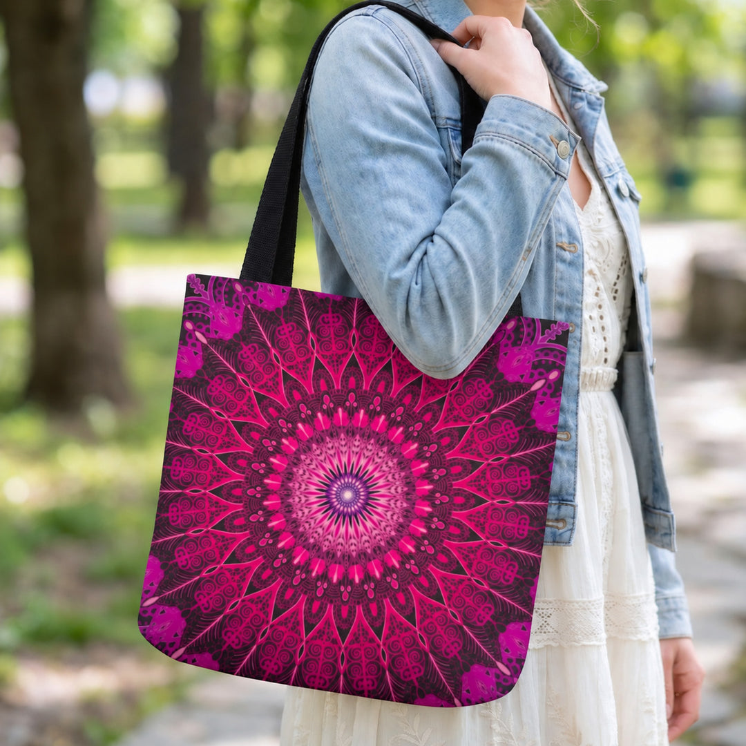Pink tote bag with black mandala boho design