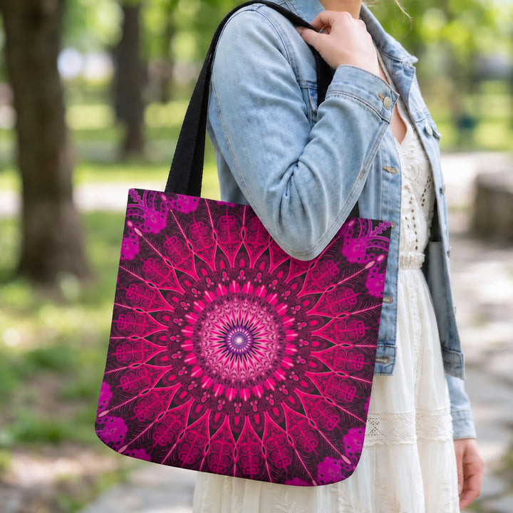Pink tote bag with black mandala boho design