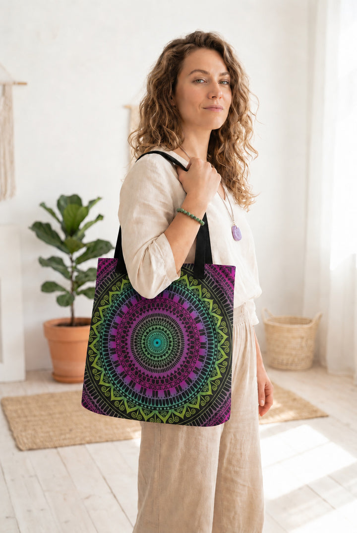 Pink and green mandala tote bag carried by a woman in a natural outfit
