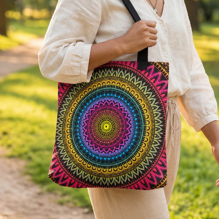 Pink tote bag with yellow and blue mandala boho print