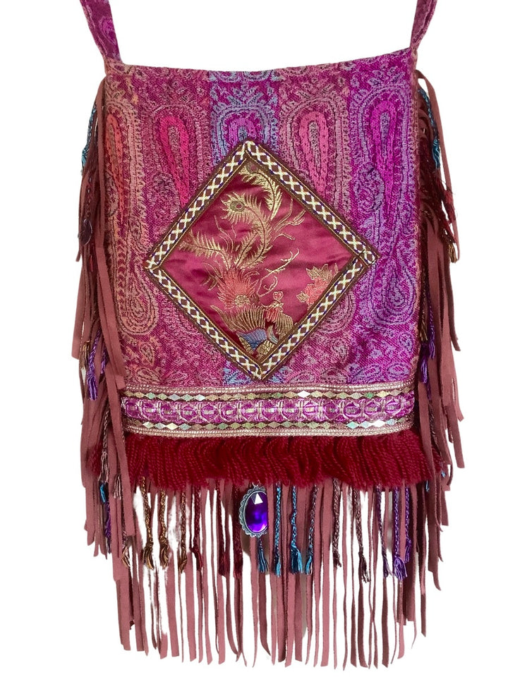 Boho fringe bag in bordeaux and pink with vintage appliqué, long tassels and purple cabochon pendant