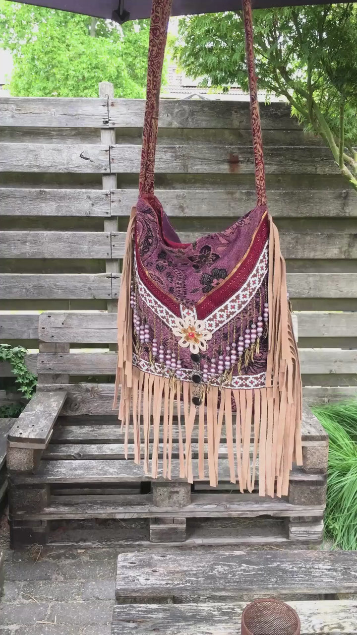Fabric Boho Festival Bag with Fringe and Beaded Details