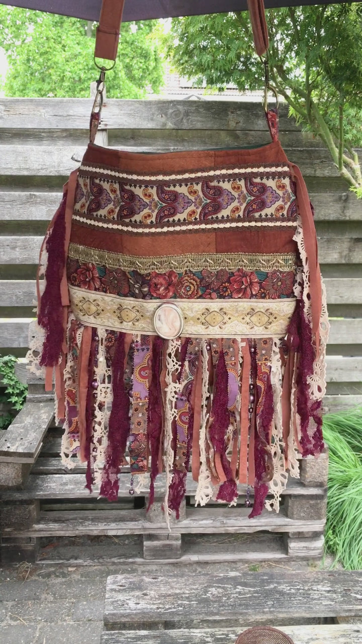 Barkcloth Crossbody Bag with Burgundy Fringe & Cameo Pendant
