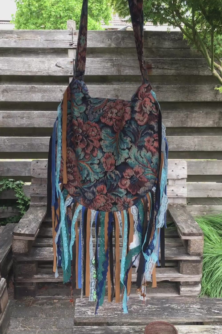 Bohemian Fringe Crossbody Bag – Gobelin Fabric in Petrol