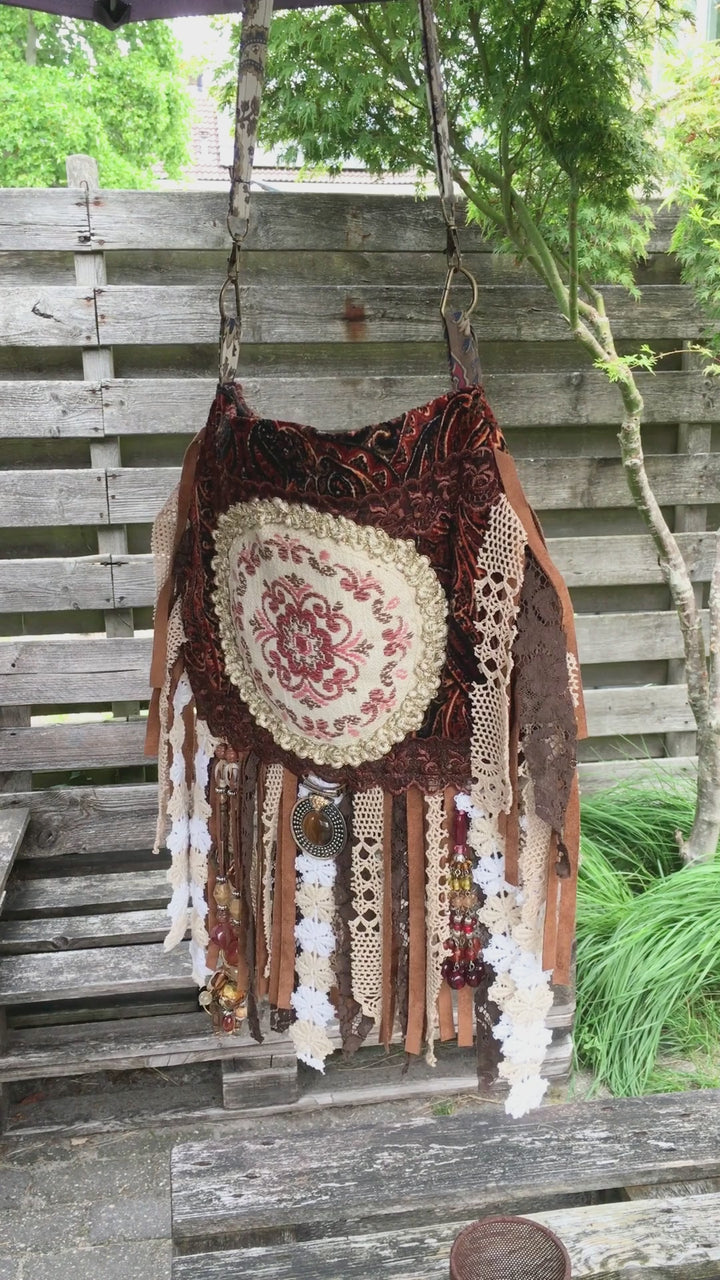 Velvet Boho Fringe Shoulder Bag with Lace, Gobelin & Beads