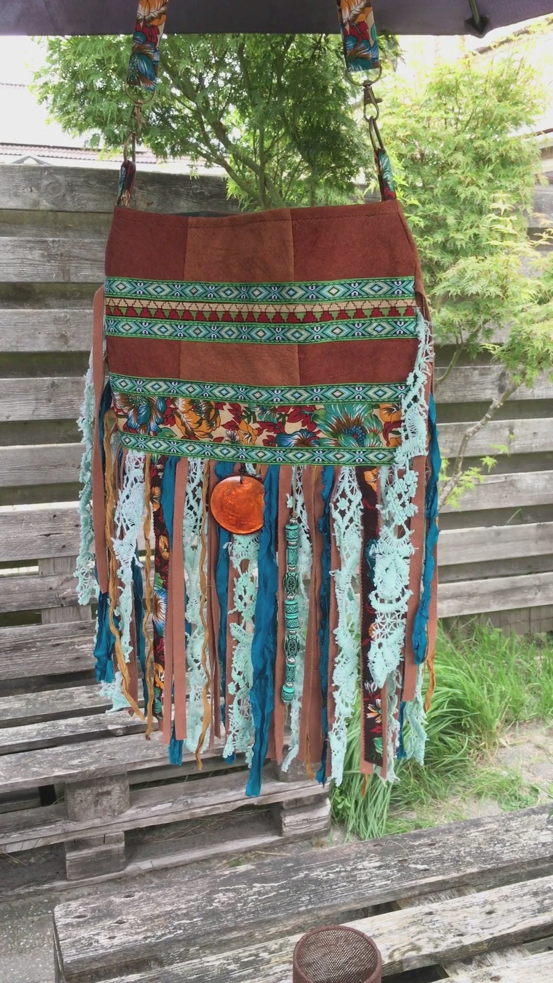 Barkcloth Fringe Crossbody Bag in Teal & Earth Tone