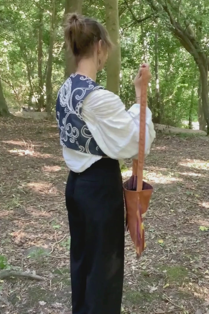 Barkcloth Crossbody Bag with Hand-Painted Mandala & Fringe