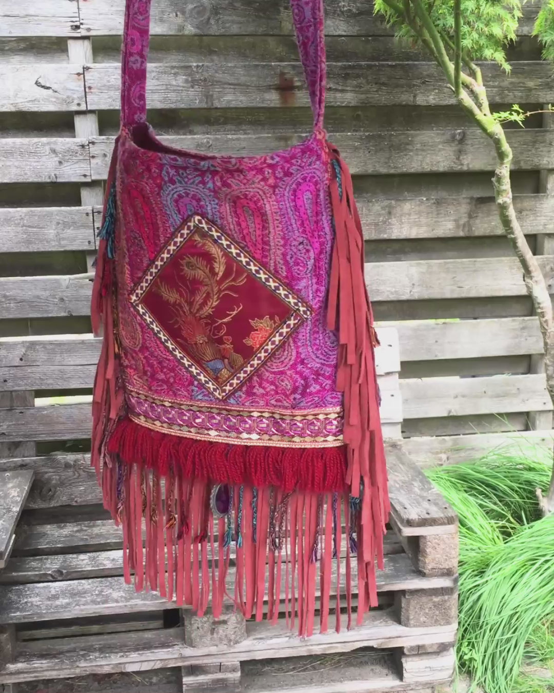 Boho Fringe Bag – Bordeaux & Purple with Appliqué and Tassels