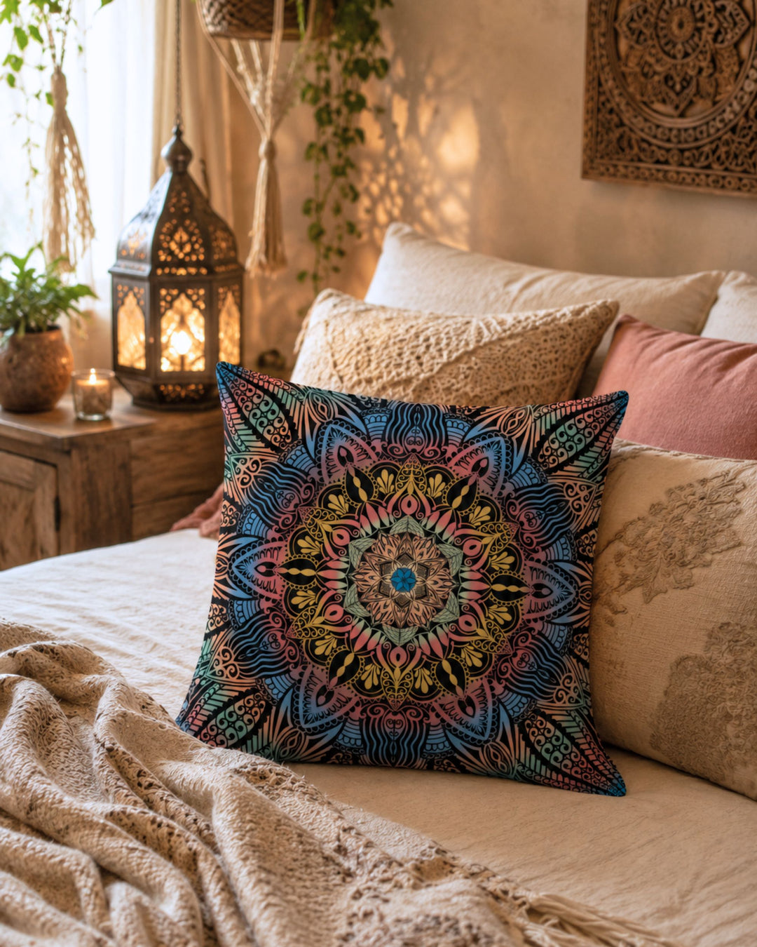 Colorful bohemian mandala throw pillow on a cozy bed in a warm boho bedroom with macramé wall decor, Moroccan lanterns, hanging plants and soft beige linen bedding. Spiritual boho home decor with artistic pastel mandala design