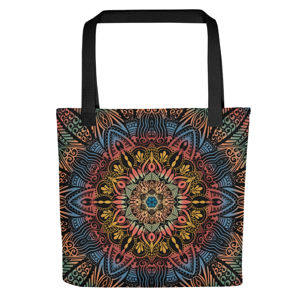 Colorful psychedelic mandala tote bag, boho style printed shopper with black straps