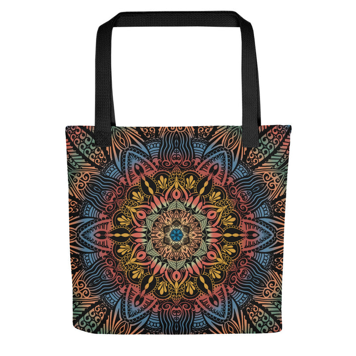 Colorful psychedelic mandala tote bag, boho style printed shopper with black straps