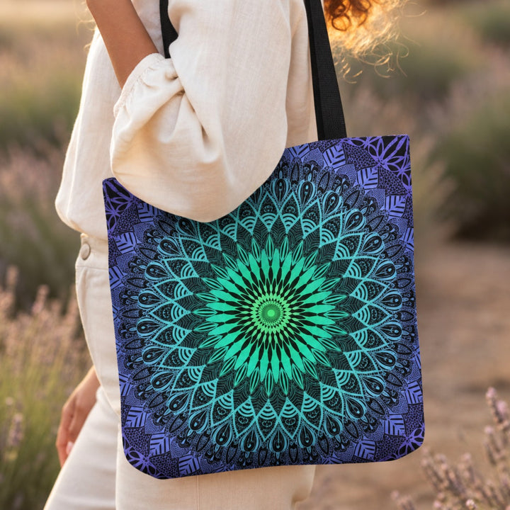Purple tote bag with mint green mandala boho design