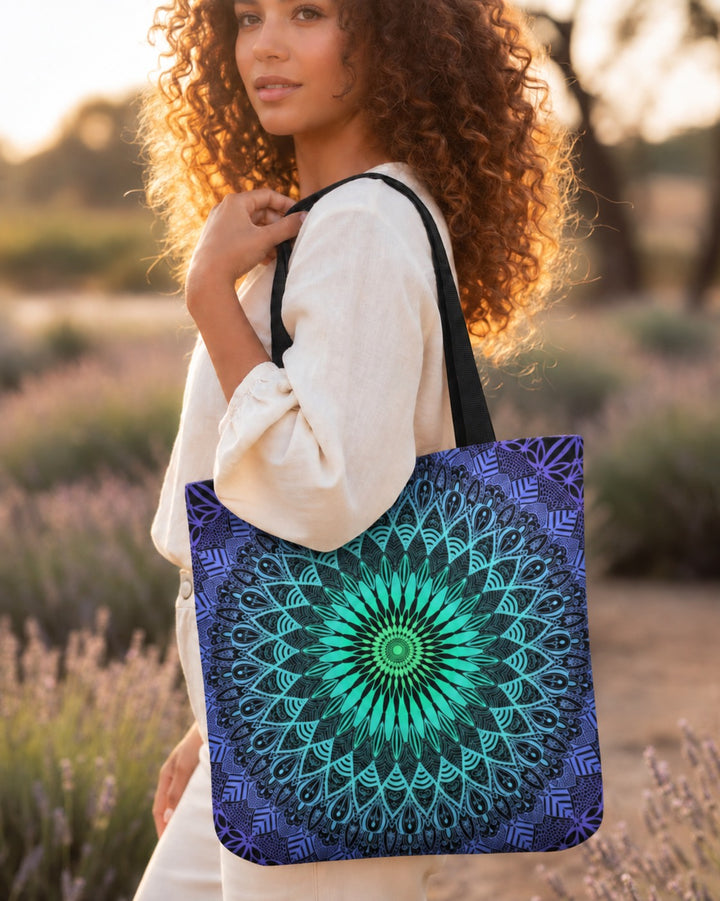Woman carrying a purple tote bag with mint green mandala in a lavender field