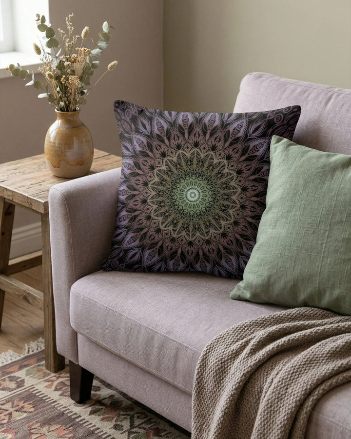 Bohemian cushion cover with mandala pattern in black, purple and green tones on pastel sofa with natural decor