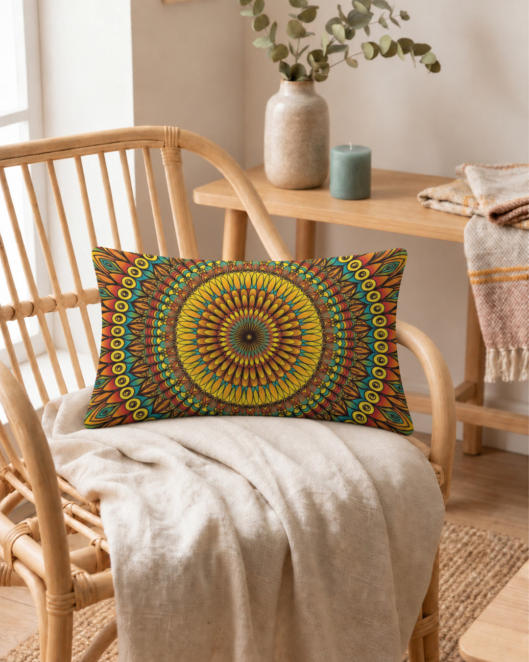 Boho mandala lumbar pillow cover with colorful mandala design styled on a rattan chair in a warm neutral boho interior