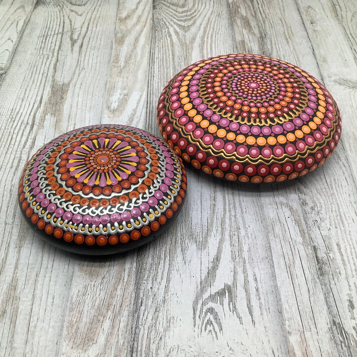 hand painted mandala stone in pink orange and silver small