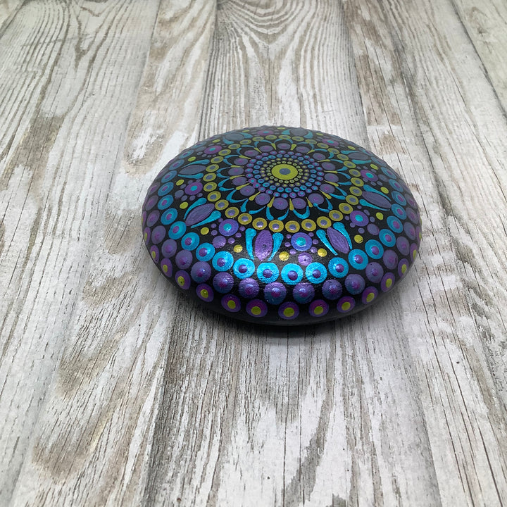 hand painted mandala stone in gold turquoise and purple small