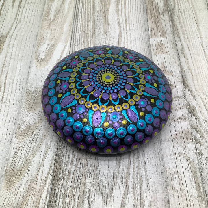 hand painted mandala stone in gold turquoise and purple small