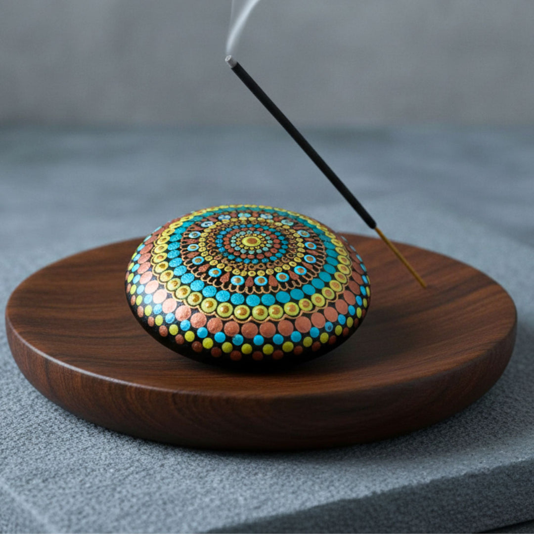 wooden incense holder with mandala stone