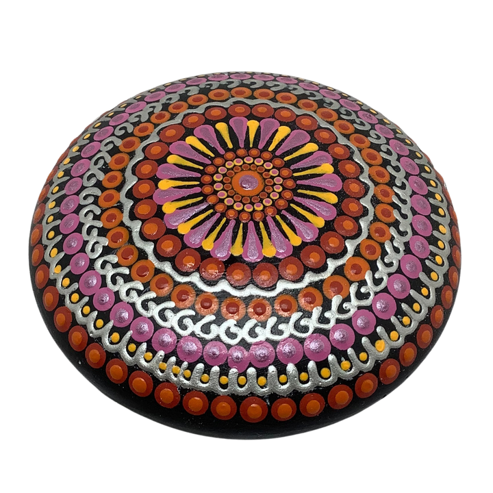 hand painted mandala stone in pink orange and silver small