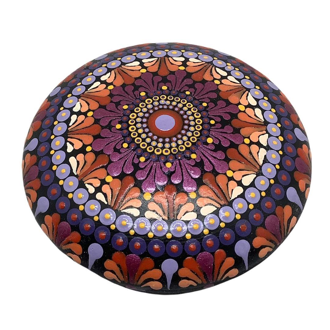 hand painted mandala stone in pink orange and lavender small