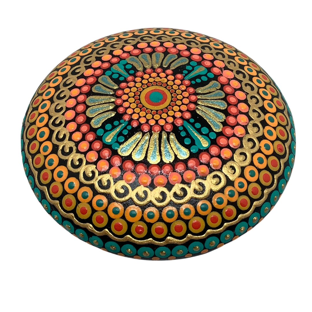 Hand painted mandala stone in orange, green and gold with detailed mandala pattern