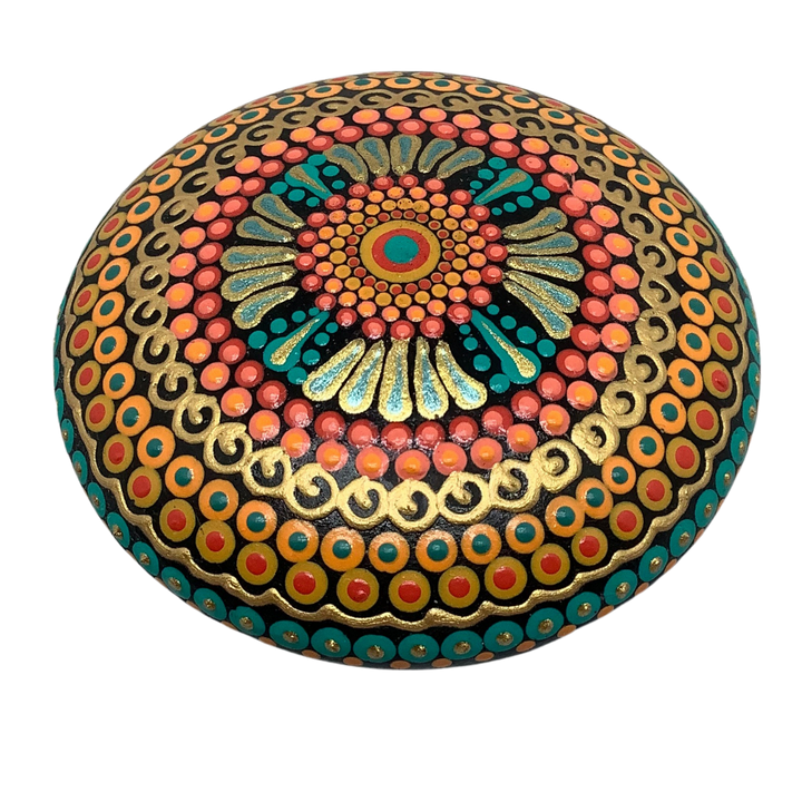 Hand painted mandala stone in orange, green and gold with detailed mandala pattern