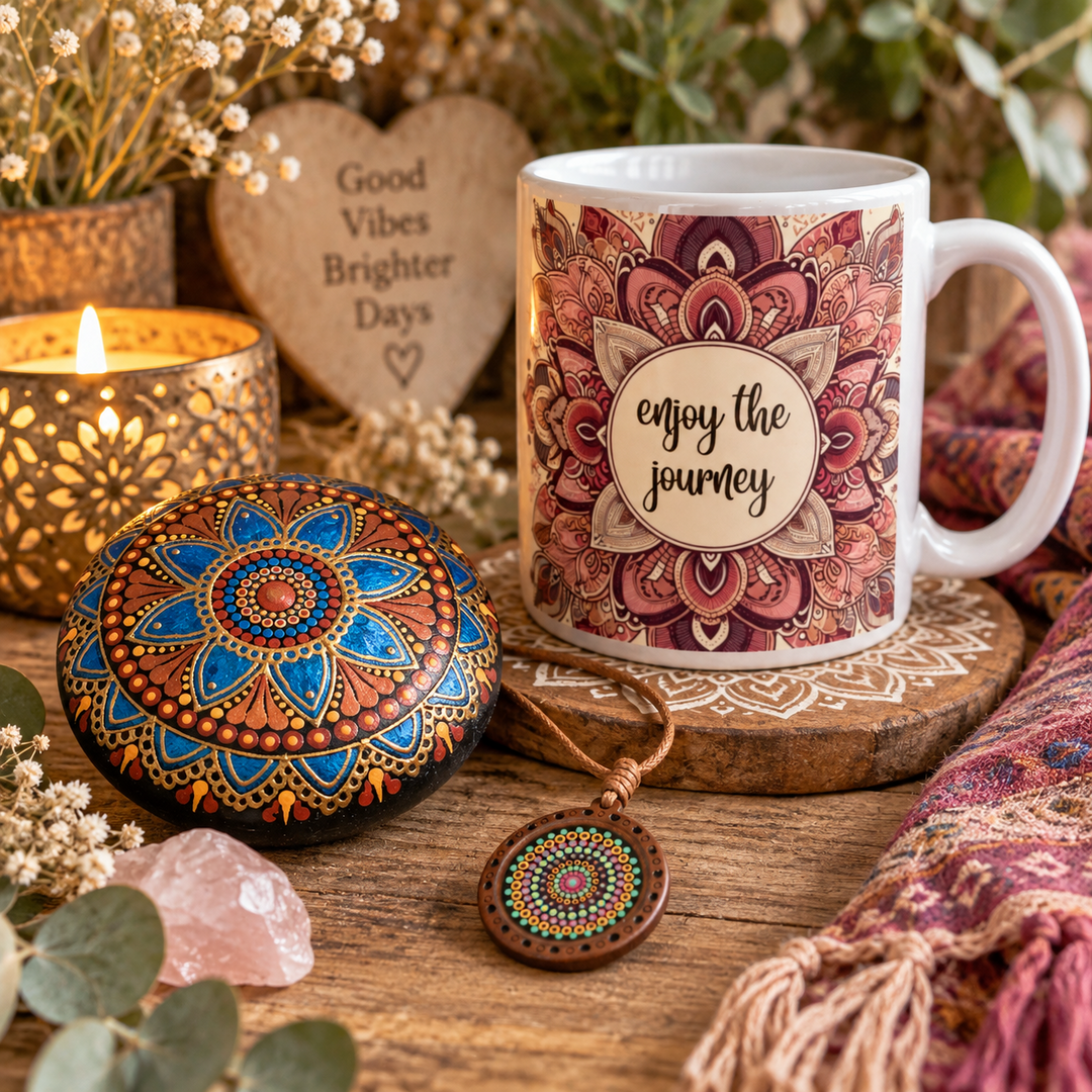 Boho spiritual gifts collection with mandala mug, hand painted mandala stone and mandala necklace