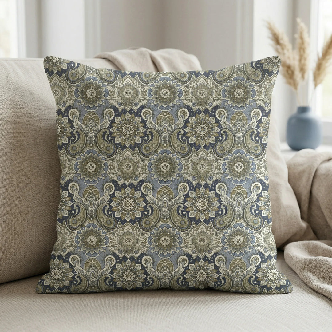 Bohemian square cushion cover with mandala and paisley pattern in muted blue, beige and grey tones on neutral sofa