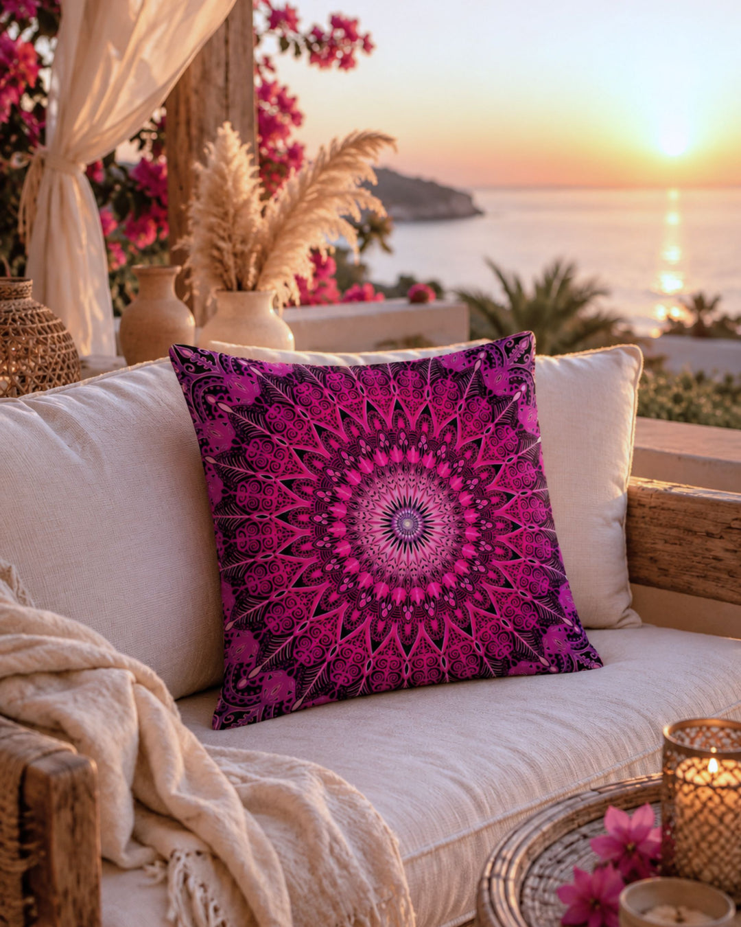 Pink boho mandala throw pillow on a cream outdoor lounge sofa at sunset with Ibiza-inspired terrace styling, pampas grass, soft beige textiles and ocean view in the background.