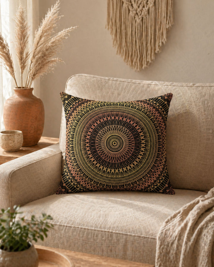 bohemian square throw pillow with mandala pattern in black terracotta and gold on beige sofa warm neutral interior decor