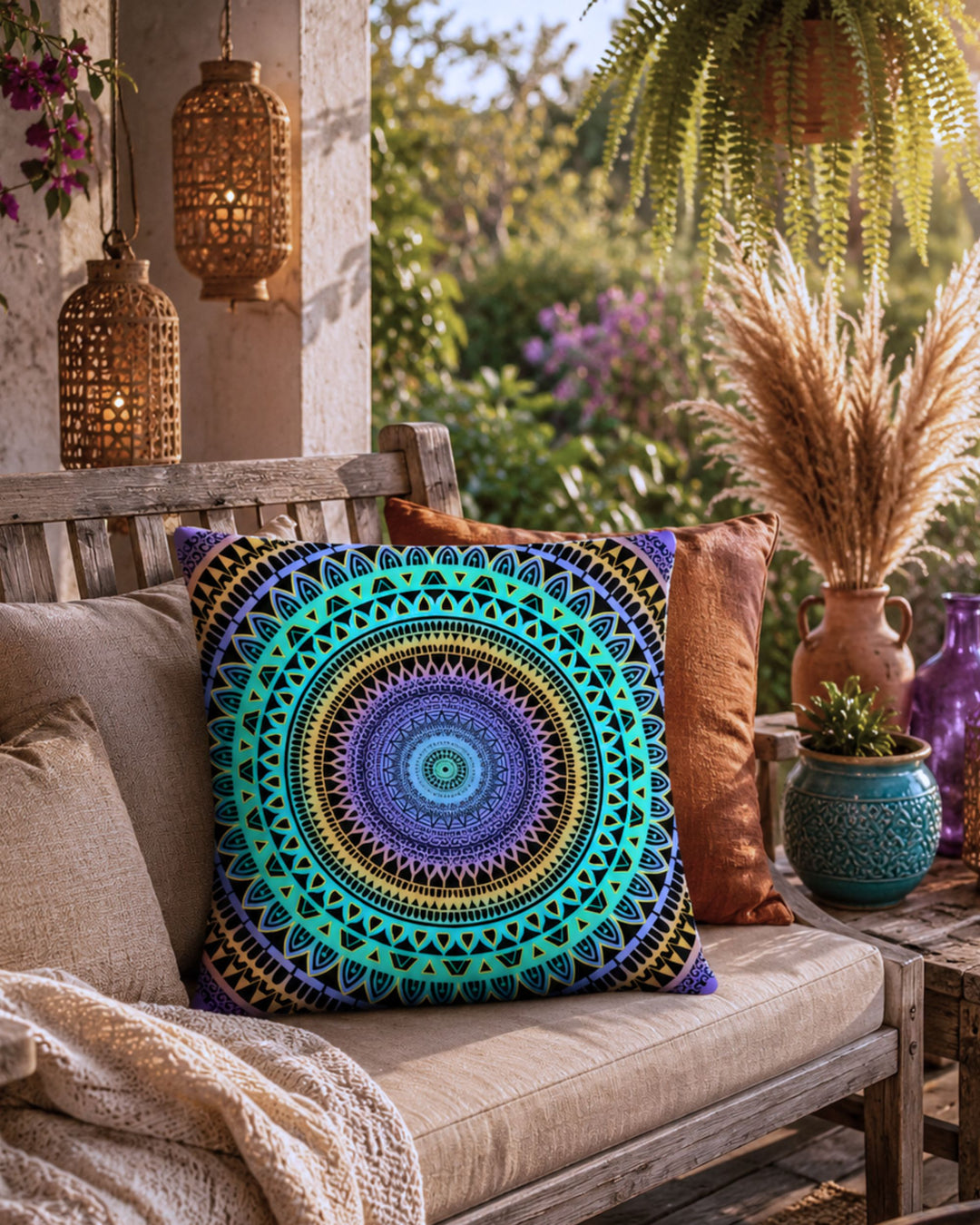 Colorful boho mandala pillow with turquoise, lavender and golden yellow patterns styled on a rustic wooden outdoor swing bench during golden hour. Cozy veranda decor with woven lanterns, pampas grass, hanging plants and warm neutral cushions creates a luxurious bohemian outdoor atmosphere.