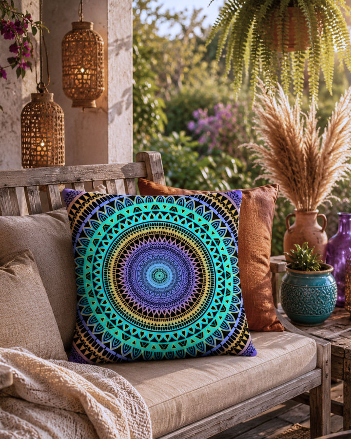 Colorful boho mandala pillow with turquoise, lavender and golden yellow patterns styled on a rustic wooden outdoor swing bench during golden hour. Cozy veranda decor with woven lanterns, pampas grass, hanging plants and warm neutral cushions creates a luxurious bohemian outdoor atmosphere.