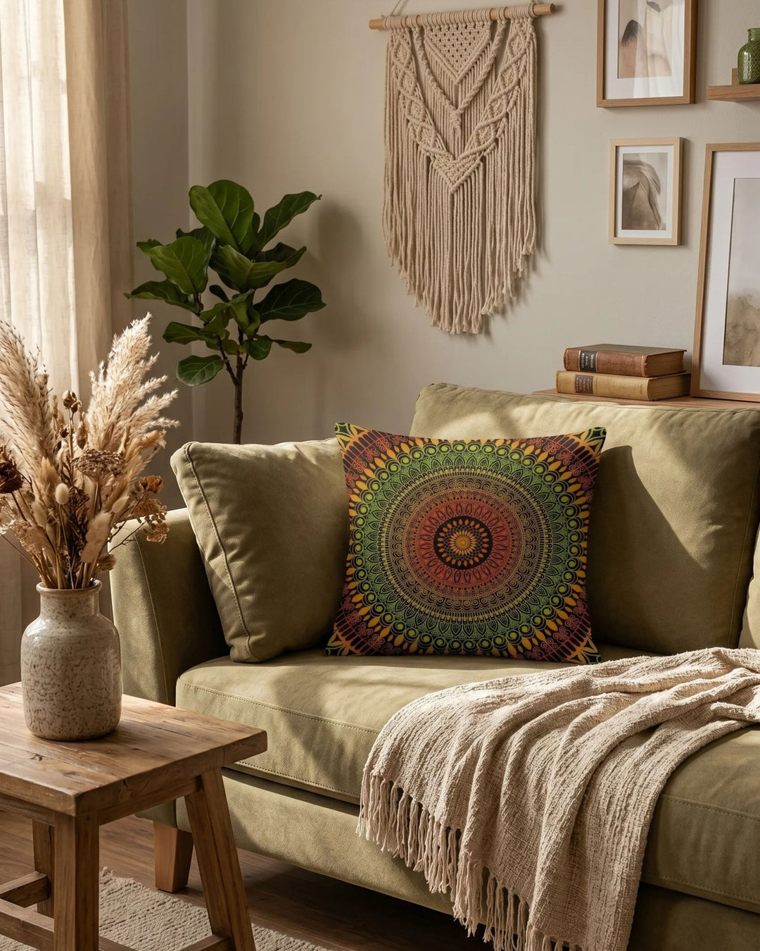 boho mandala pillow with green and orange pattern on an olive green sofa, cozy living room with macrame wall hanging, wooden table, dried grasses and warm natural light