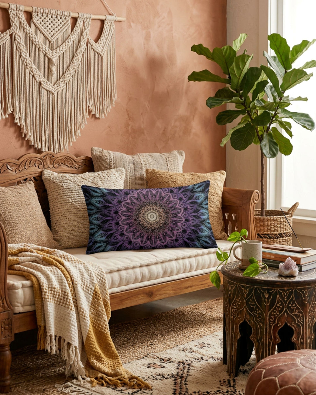 Cozy living room with a wooden sofa, decorative pillows, and a macrame wall hanging.