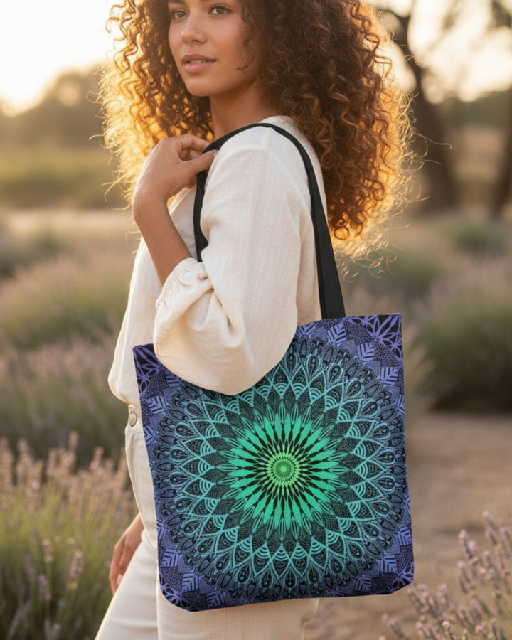 Woman holding a tote bag with a green and blue mandala design in a lavender field.
