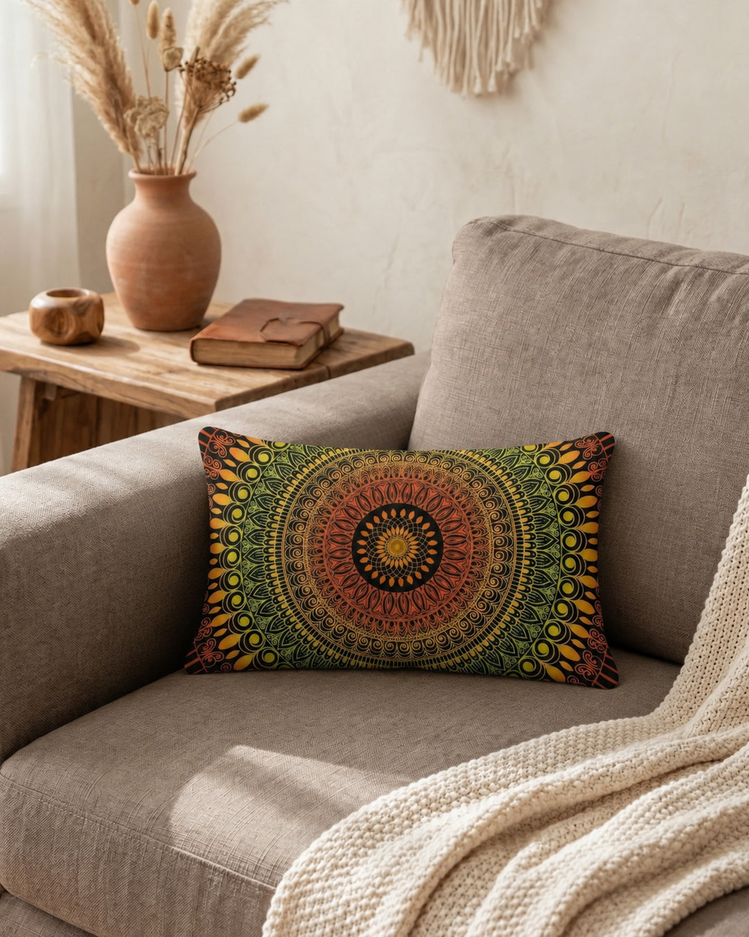 boho mandala lumbar pillow with green and orange pattern on a neutral beige sofa, warm natural light, wooden side table with dried grasses, cozy earthy interior styling