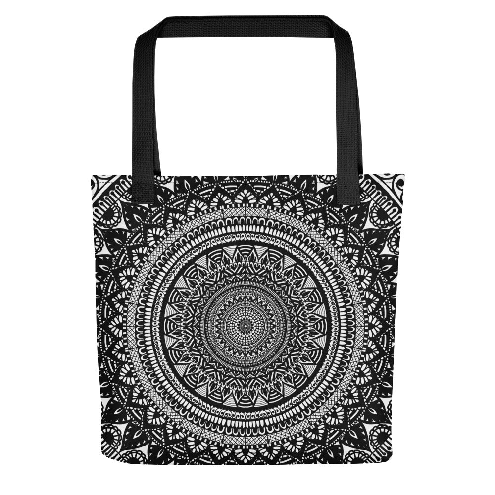 Black and white mandala tote bag with Mehndi-inspired design, printed on both sides, 15 x 15 inches